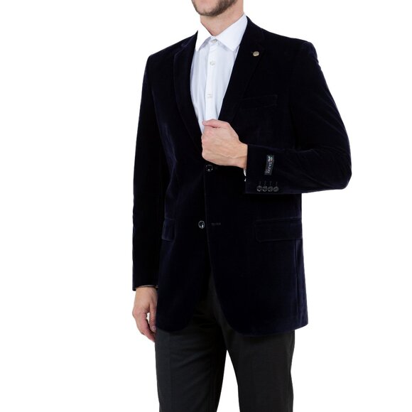 Solid Navy Blue Notch Lapel Velvet Men's Jacket